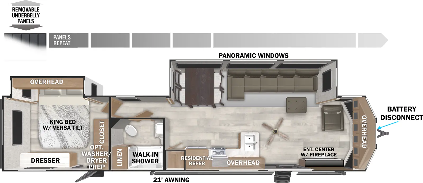 The Wildwood Lodge 40FDEN has two entries and two slide outs. Exterior features include: metal or fiberglass exterior and 21' awning. Interiors features include: rear bedroom and front living.